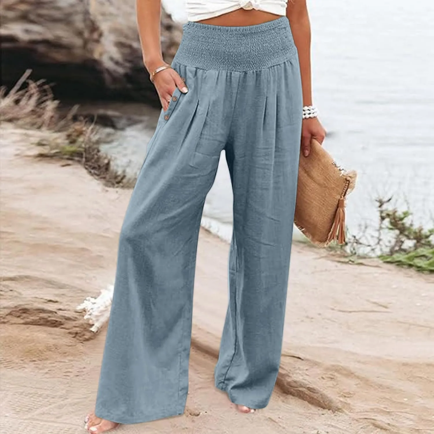 Wide Leg Linen Lounge Pants for Woman Smocked Elastic High Waisted Casual Palazzo Casual Long Trousers with Pocket