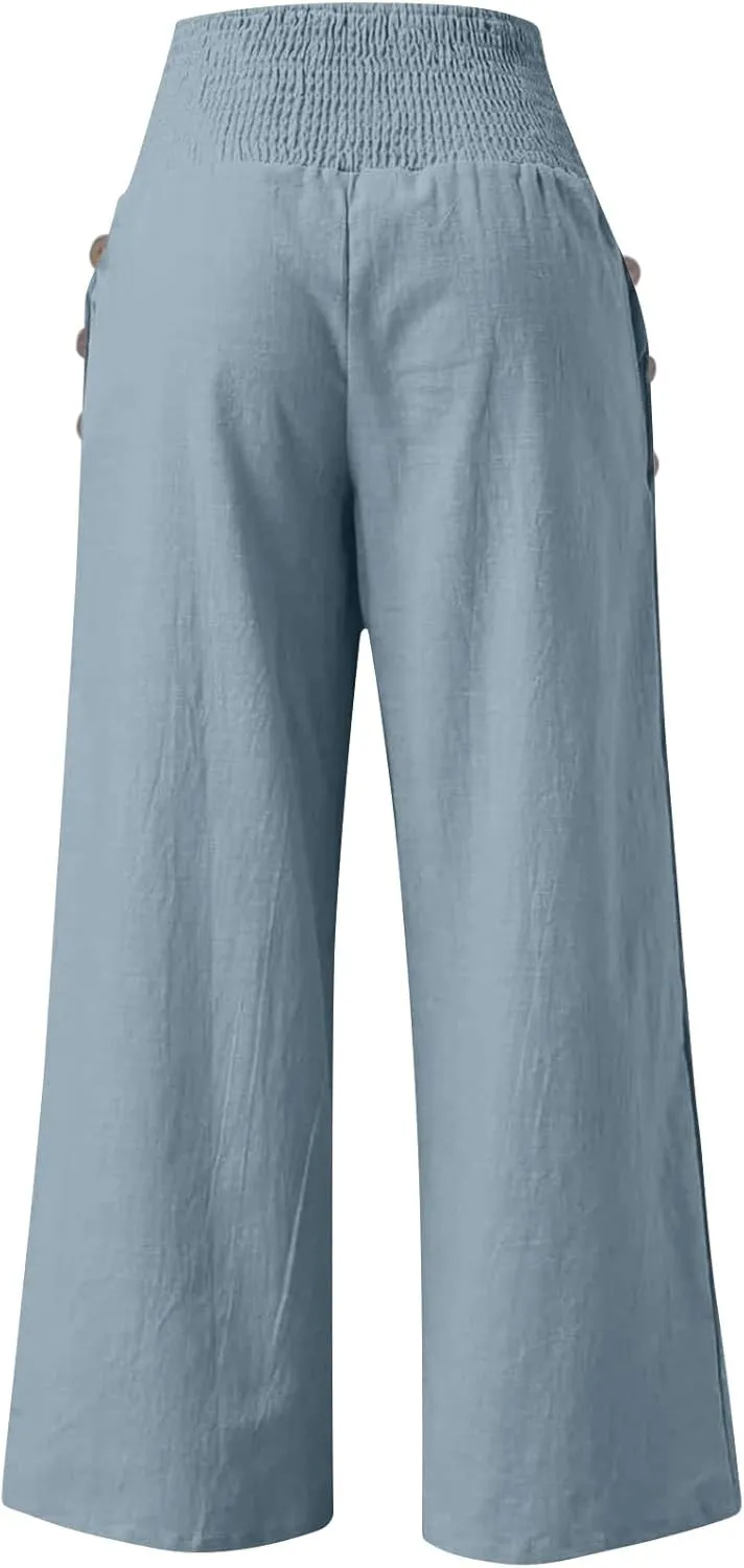 Wide Leg Linen Lounge Pants for Woman Smocked Elastic High Waisted Casual Palazzo Casual Long Trousers with Pocket