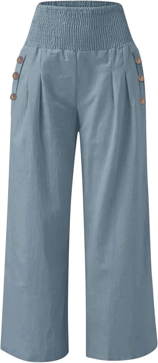 Wide Leg Linen Lounge Pants for Woman Smocked Elastic High Waisted Casual Palazzo Casual Long Trousers with Pocket