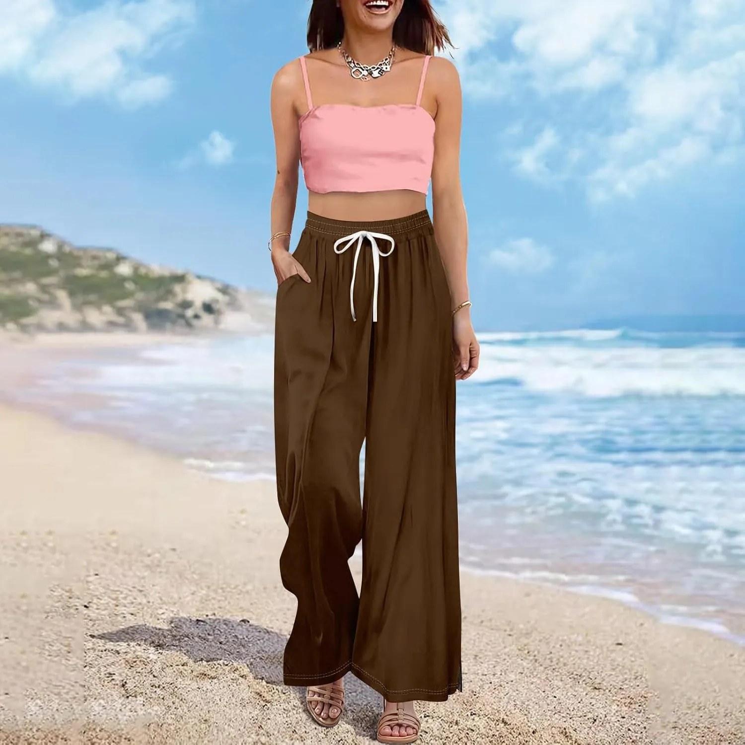 Wide Leg Pants for Women Casual Summer High Waistd Flowy Beach Pants Drawstring Elastic Waist Solid Pockets Trousers
