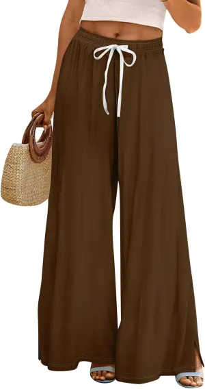 Wide Leg Pants for Women Casual Summer High Waistd Flowy Beach Pants Drawstring Elastic Waist Solid Pockets Trousers