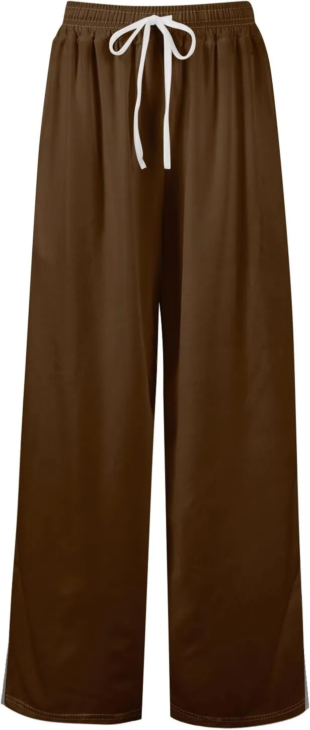 Wide Leg Pants for Women Casual Summer High Waistd Flowy Beach Pants Drawstring Elastic Waist Solid Pockets Trousers