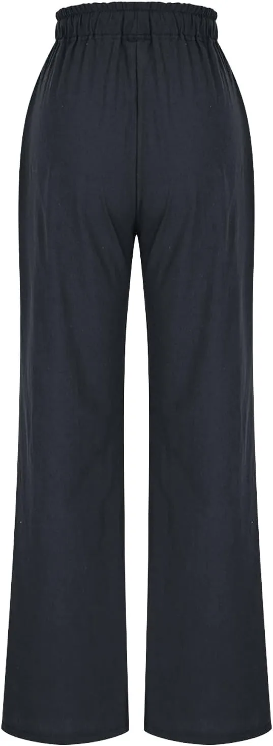 Wide Leg Pants for Women Solid Cotton Linen Drawstring Pant Casual Work Summer Baggy Trousers with Pockets