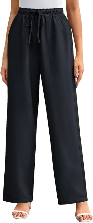 Wide Leg Pants for Women Solid Cotton Linen Drawstring Pant Casual Work Summer Baggy Trousers with Pockets