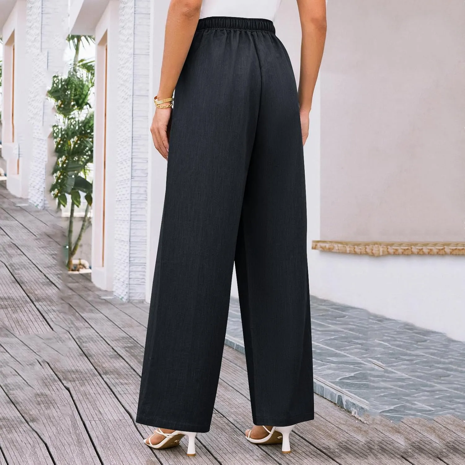 Wide Leg Pants for Women Solid Cotton Linen Drawstring Pant Casual Work Summer Baggy Trousers with Pockets