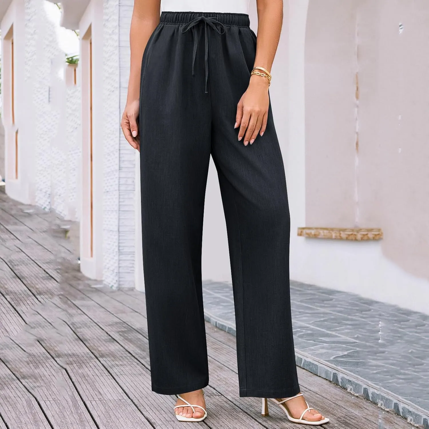 Wide Leg Pants for Women Solid Cotton Linen Drawstring Pant Casual Work Summer Baggy Trousers with Pockets