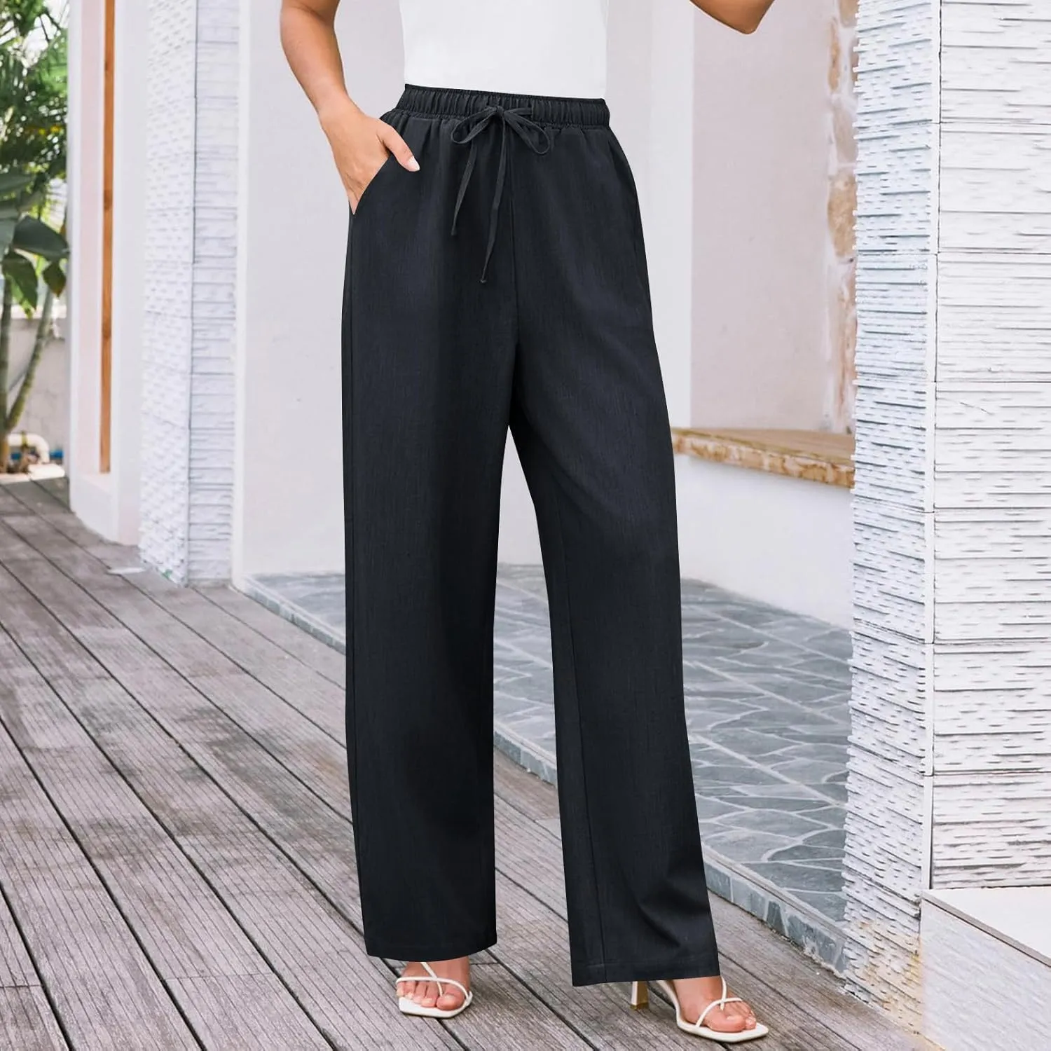 Wide Leg Pants for Women Solid Cotton Linen Drawstring Pant Casual Work Summer Baggy Trousers with Pockets