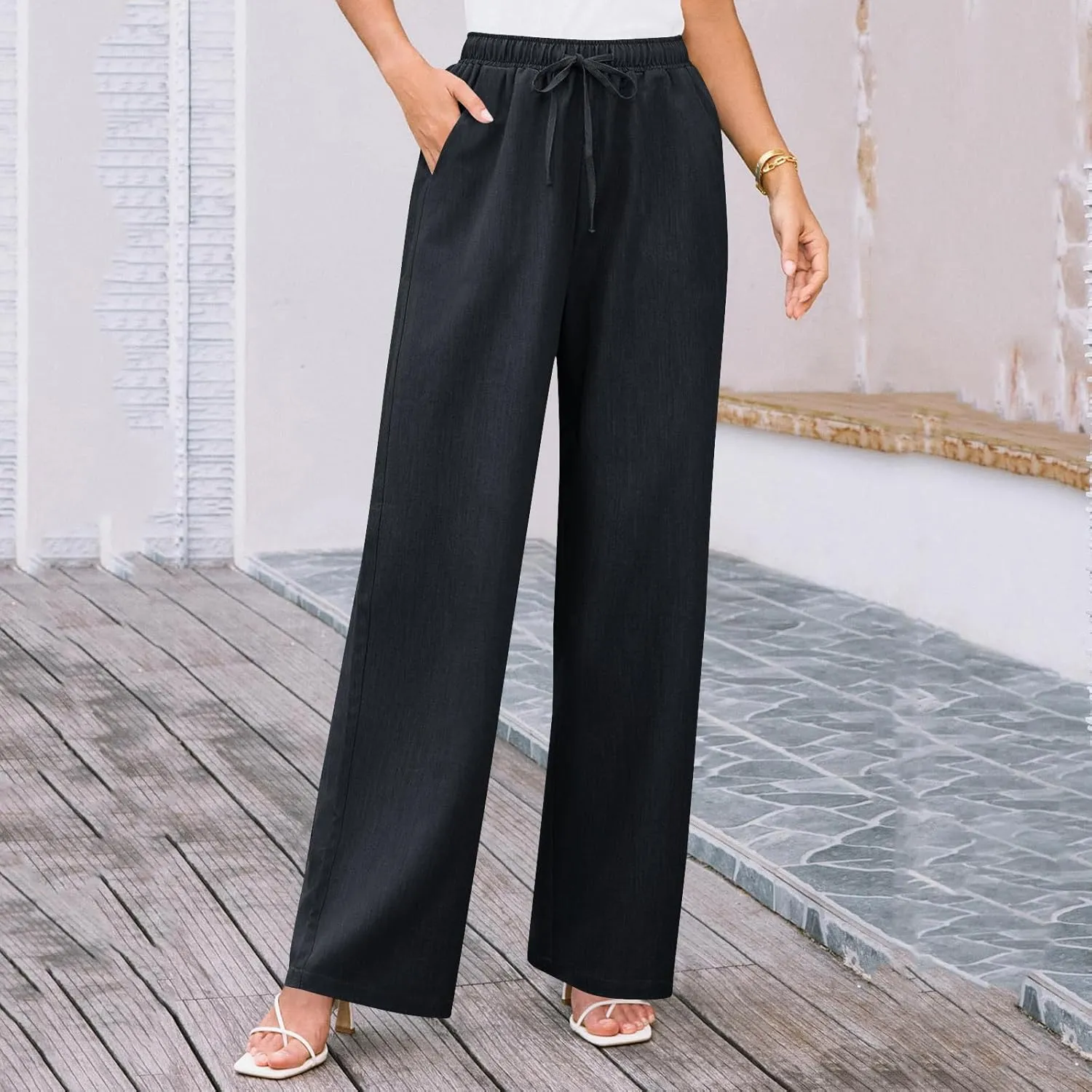 Wide Leg Pants for Women Solid Cotton Linen Drawstring Pant Casual Work Summer Baggy Trousers with Pockets