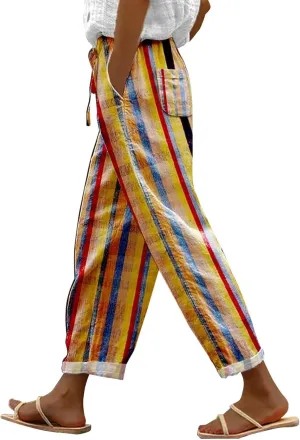 Wide Leg Pants Woman Womens Plus Size 2024 Casual Boho Floral Linen Pants Elastic Waist Drawstring Summer Beach Baggy Trousers with PocketsKhaki,X-Large