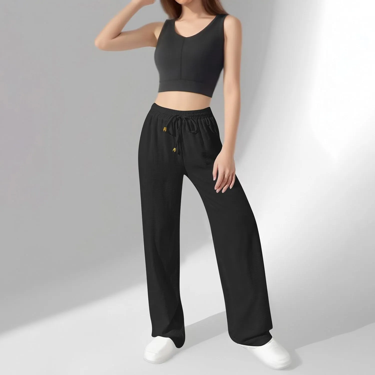 Wide Leg Pants Women Casual Linen Pants Drawstring Elastic Waist Summer Cute Pant Lounge Trouser with Pockets