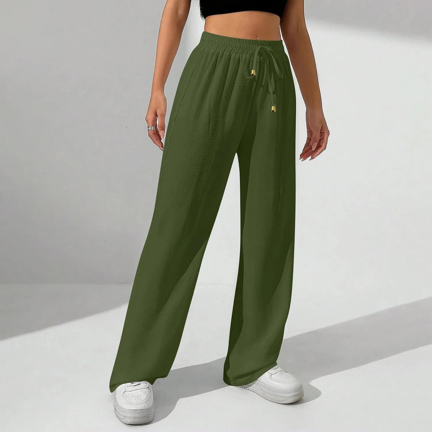 Wide Leg Pants Women Casual Linen Pants Drawstring Elastic Waist Summer Cute Pant Lounge Trouser with Pockets