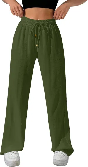 Wide Leg Pants Women Casual Linen Pants Drawstring Elastic Waist Summer Cute Pant Lounge Trouser with Pockets