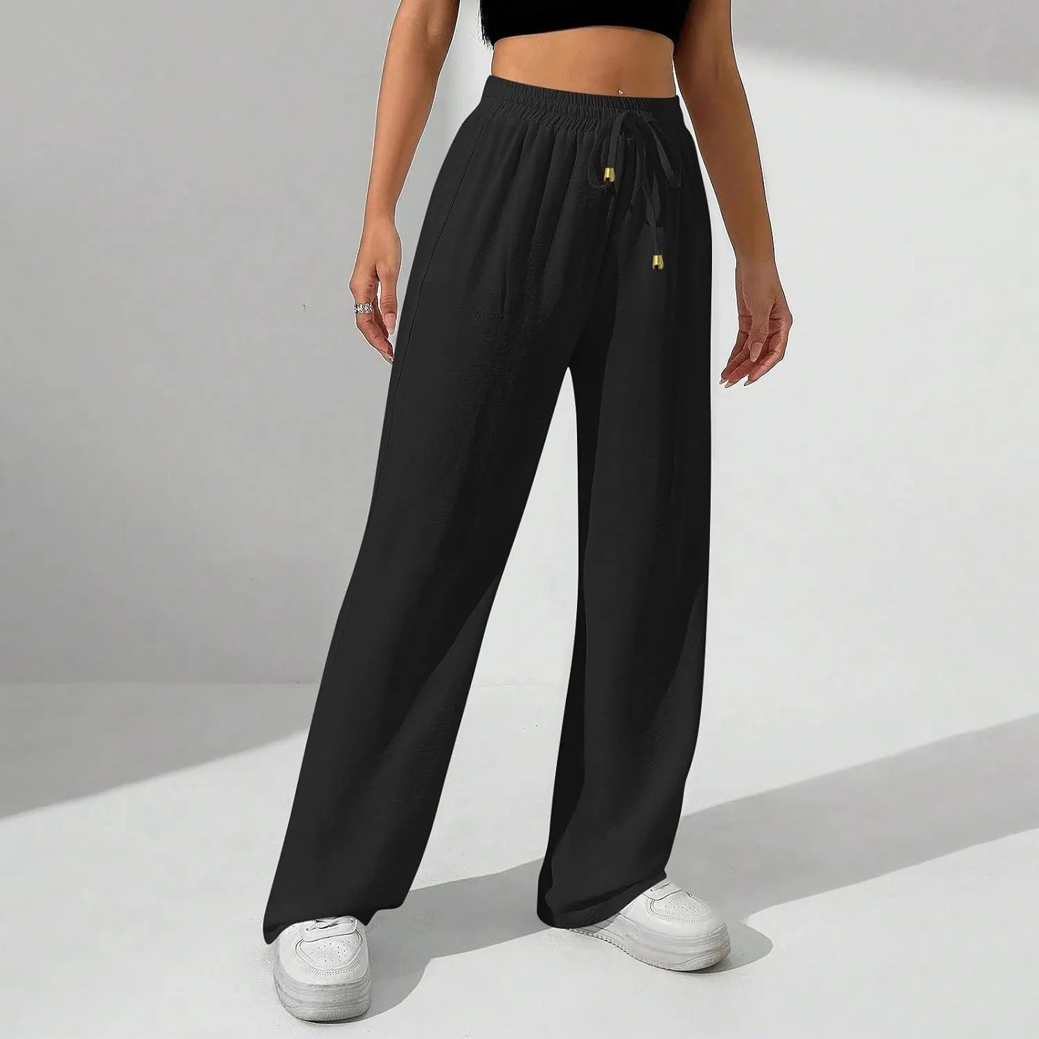 Wide Leg Pants Women Casual Linen Pants Drawstring Elastic Waist Summer Cute Pant Lounge Trouser with Pockets