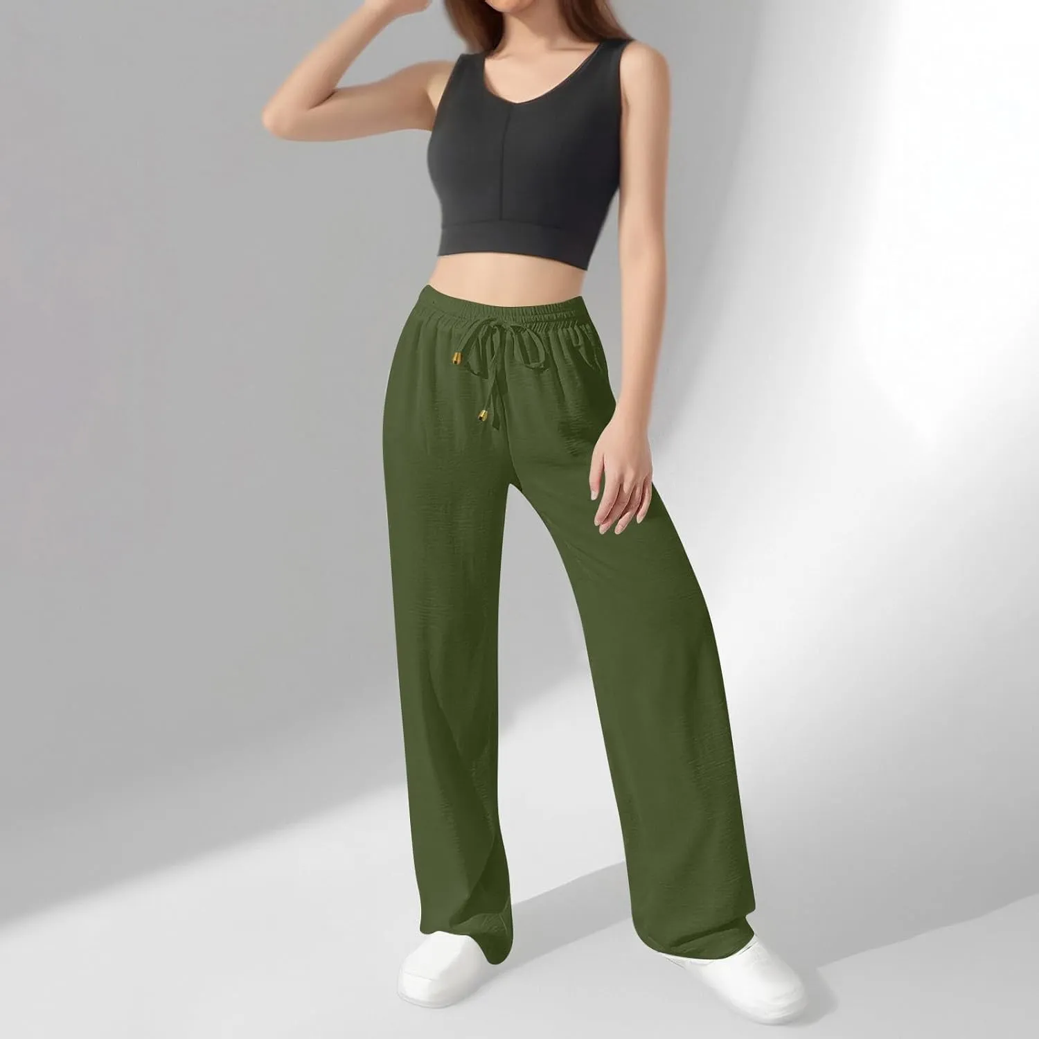 Wide Leg Pants Women Casual Linen Pants Drawstring Elastic Waist Summer Cute Pant Lounge Trouser with Pockets