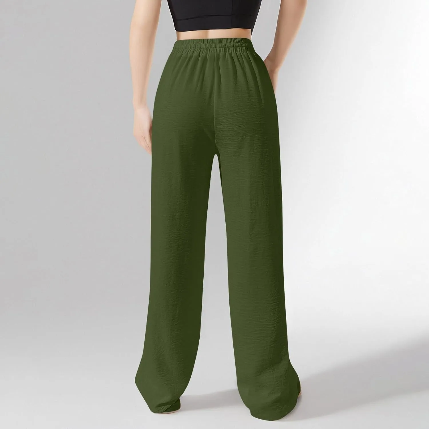Wide Leg Pants Women Casual Linen Pants Drawstring Elastic Waist Summer Cute Pant Lounge Trouser with Pockets