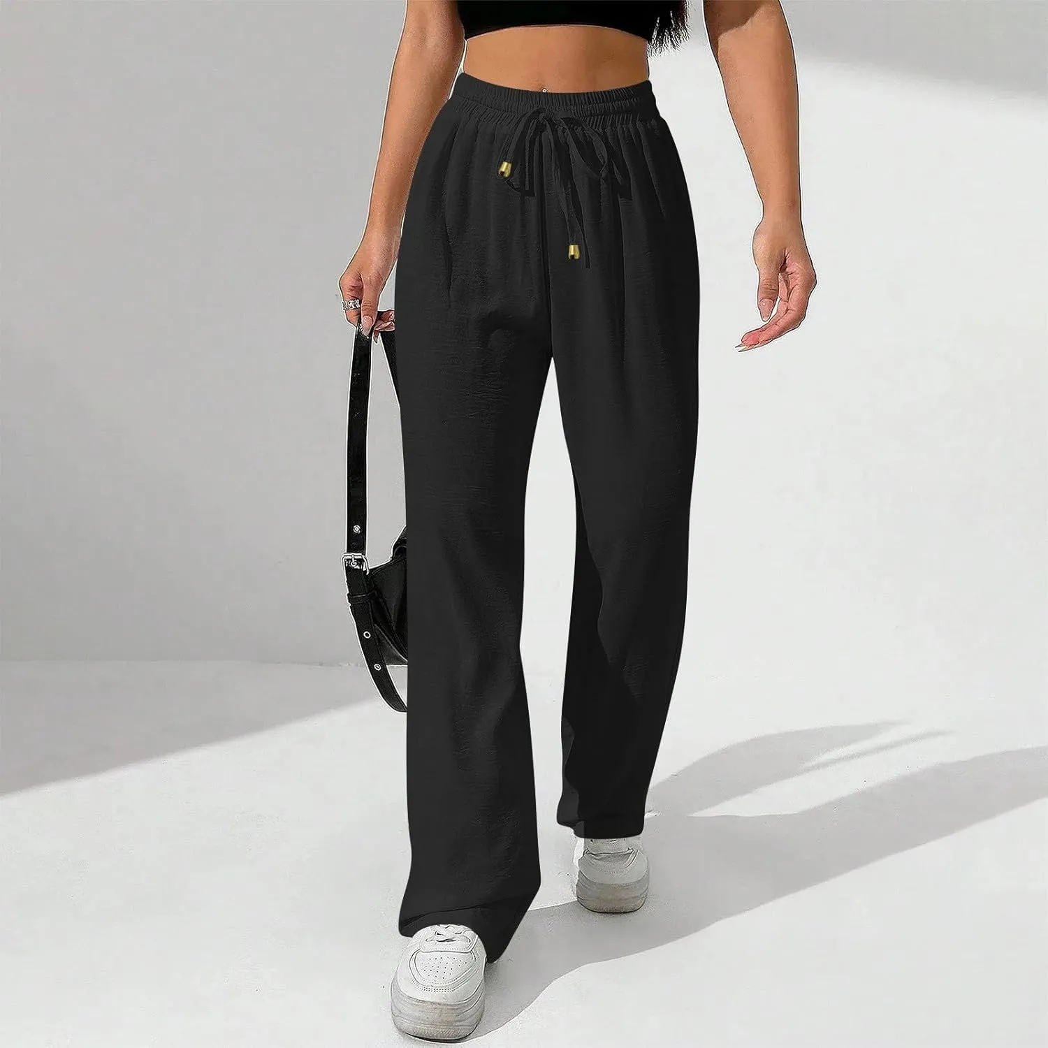 Wide Leg Pants Women Casual Linen Pants Drawstring Elastic Waist Summer Cute Pant Lounge Trouser with Pockets