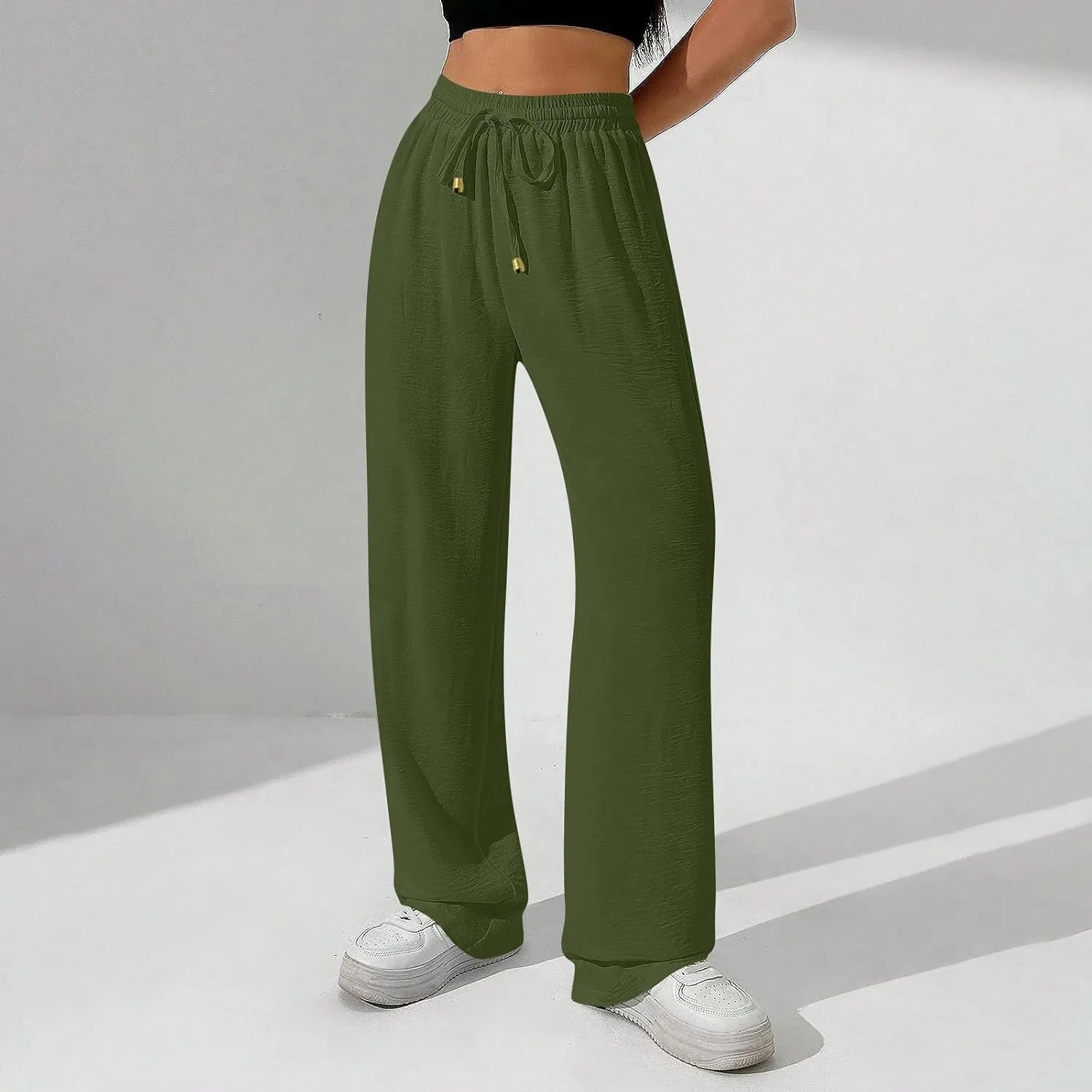 Wide Leg Pants Women Casual Linen Pants Drawstring Elastic Waist Summer Cute Pant Lounge Trouser with Pockets