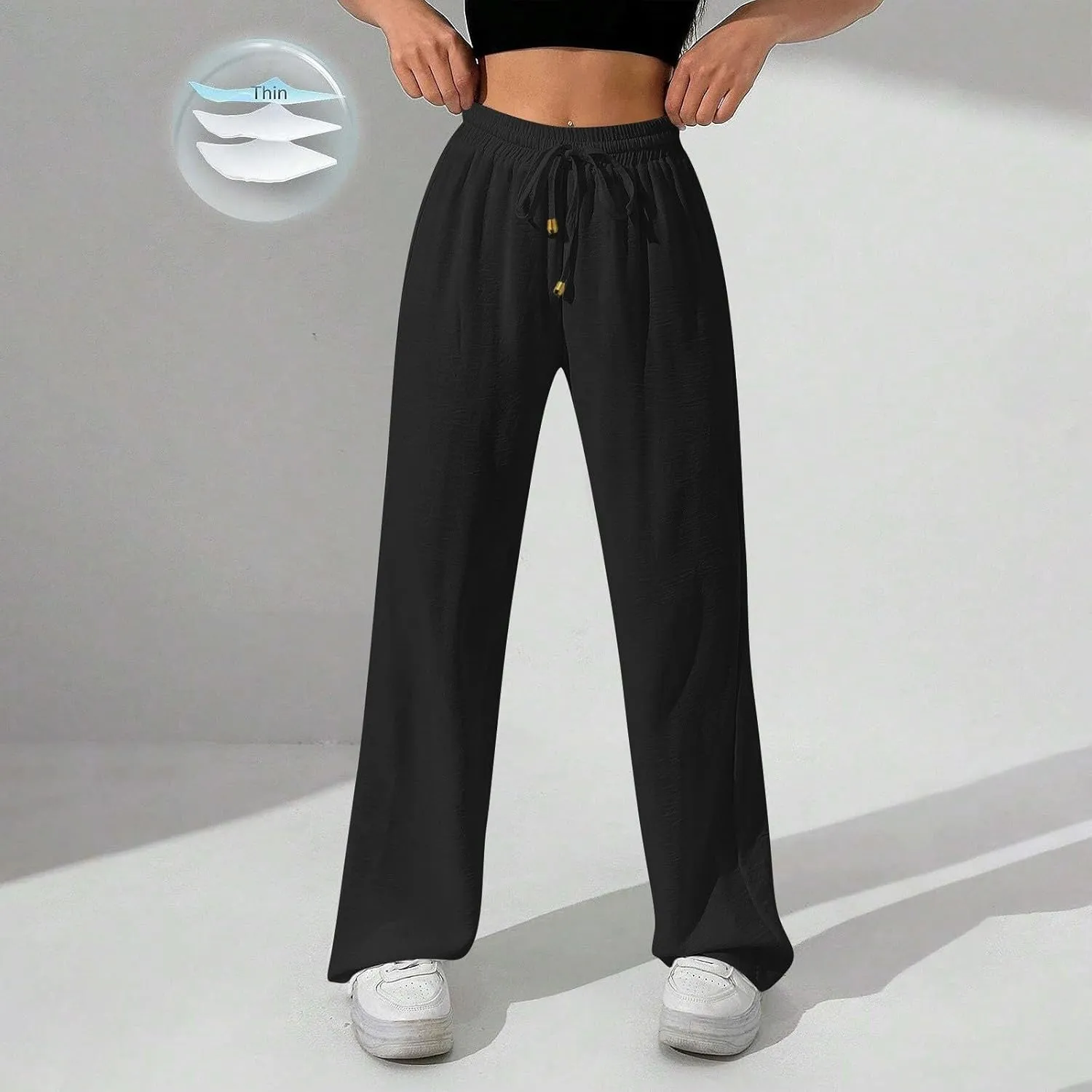 Wide Leg Pants Women Casual Linen Pants Drawstring Elastic Waist Summer Cute Pant Lounge Trouser with Pockets