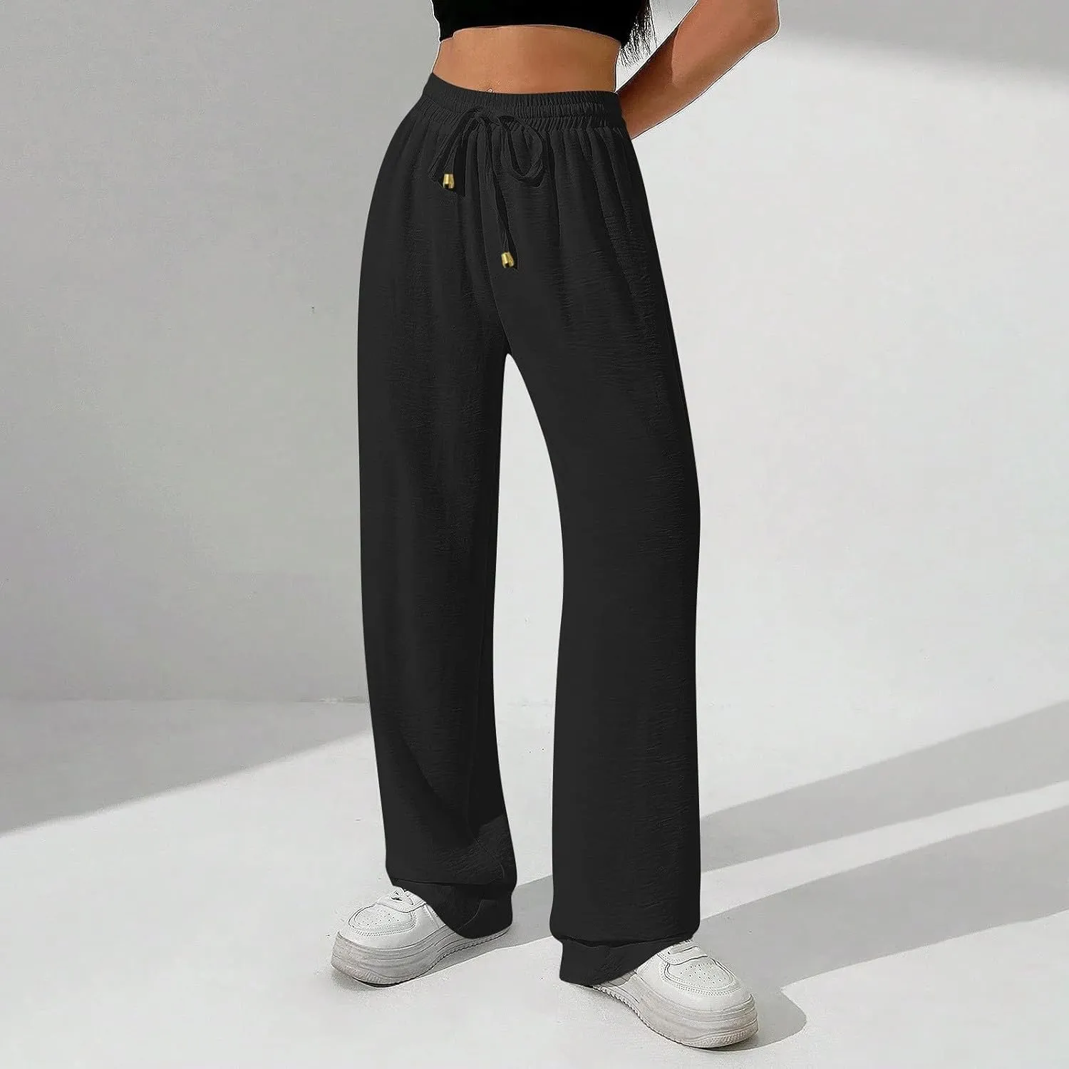 Wide Leg Pants Women Casual Linen Pants Drawstring Elastic Waist Summer Cute Pant Lounge Trouser with Pockets