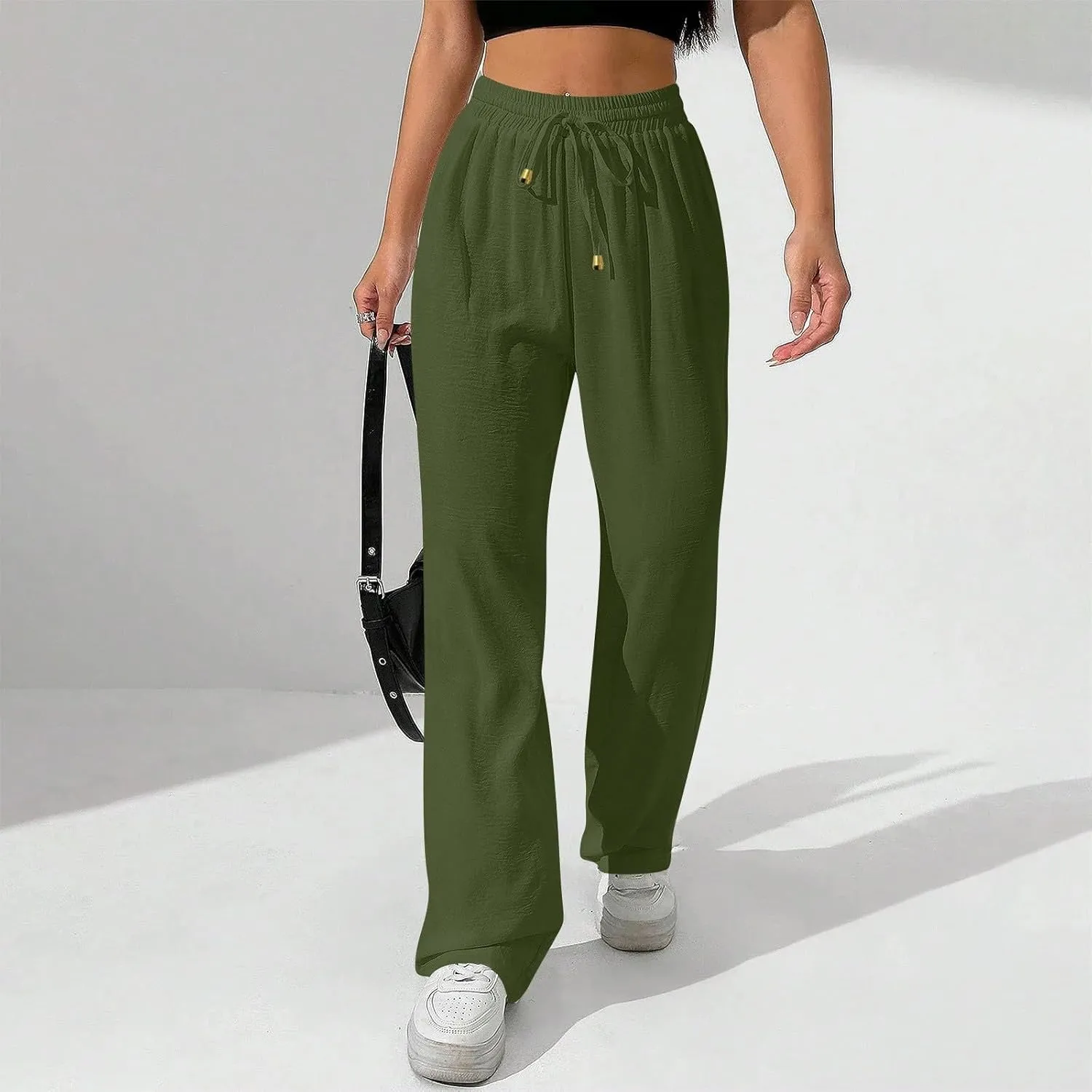 Wide Leg Pants Women Casual Linen Pants Drawstring Elastic Waist Summer Cute Pant Lounge Trouser with Pockets