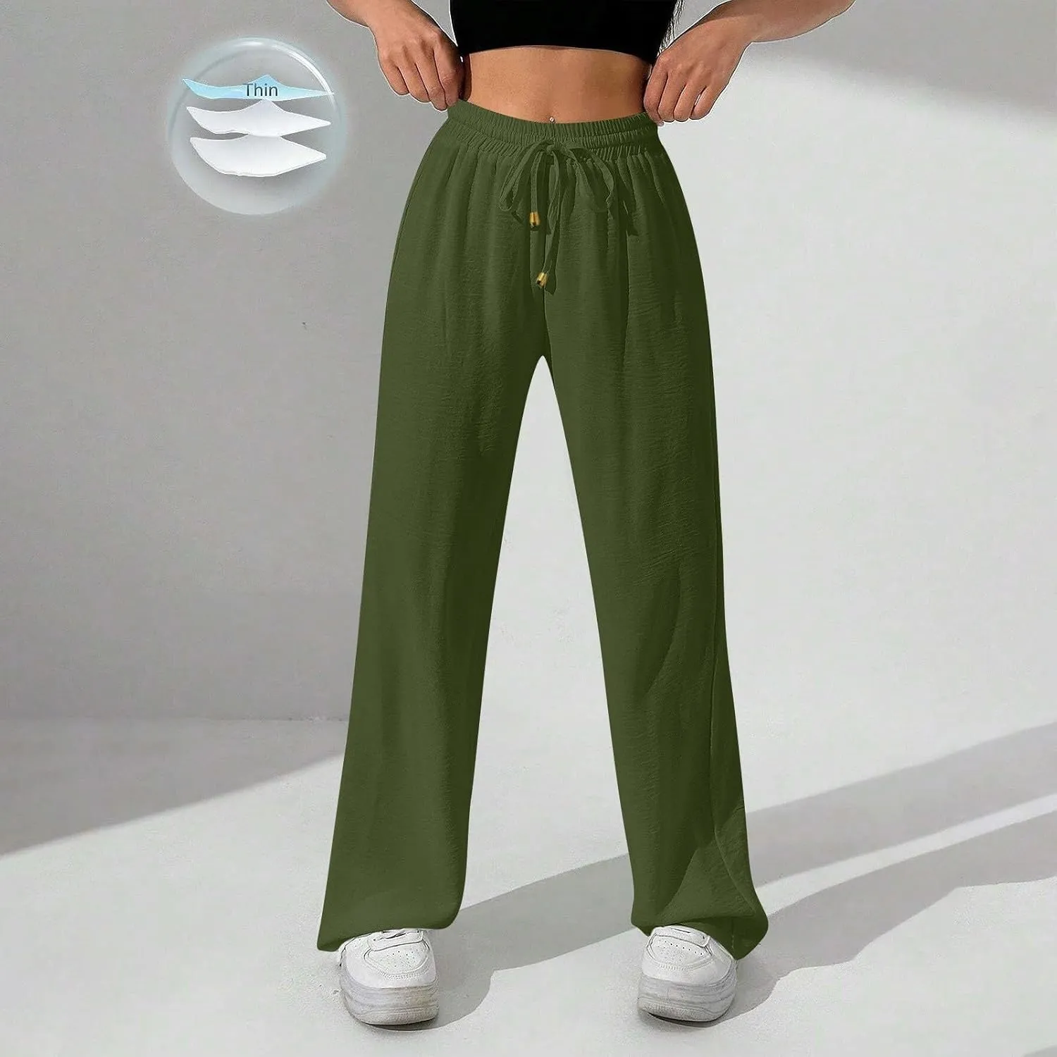 Wide Leg Pants Women Casual Linen Pants Drawstring Elastic Waist Summer Cute Pant Lounge Trouser with Pockets