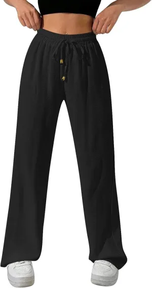 Wide Leg Pants Women Casual Linen Pants Drawstring Elastic Waist Summer Cute Pant Lounge Trouser with Pockets