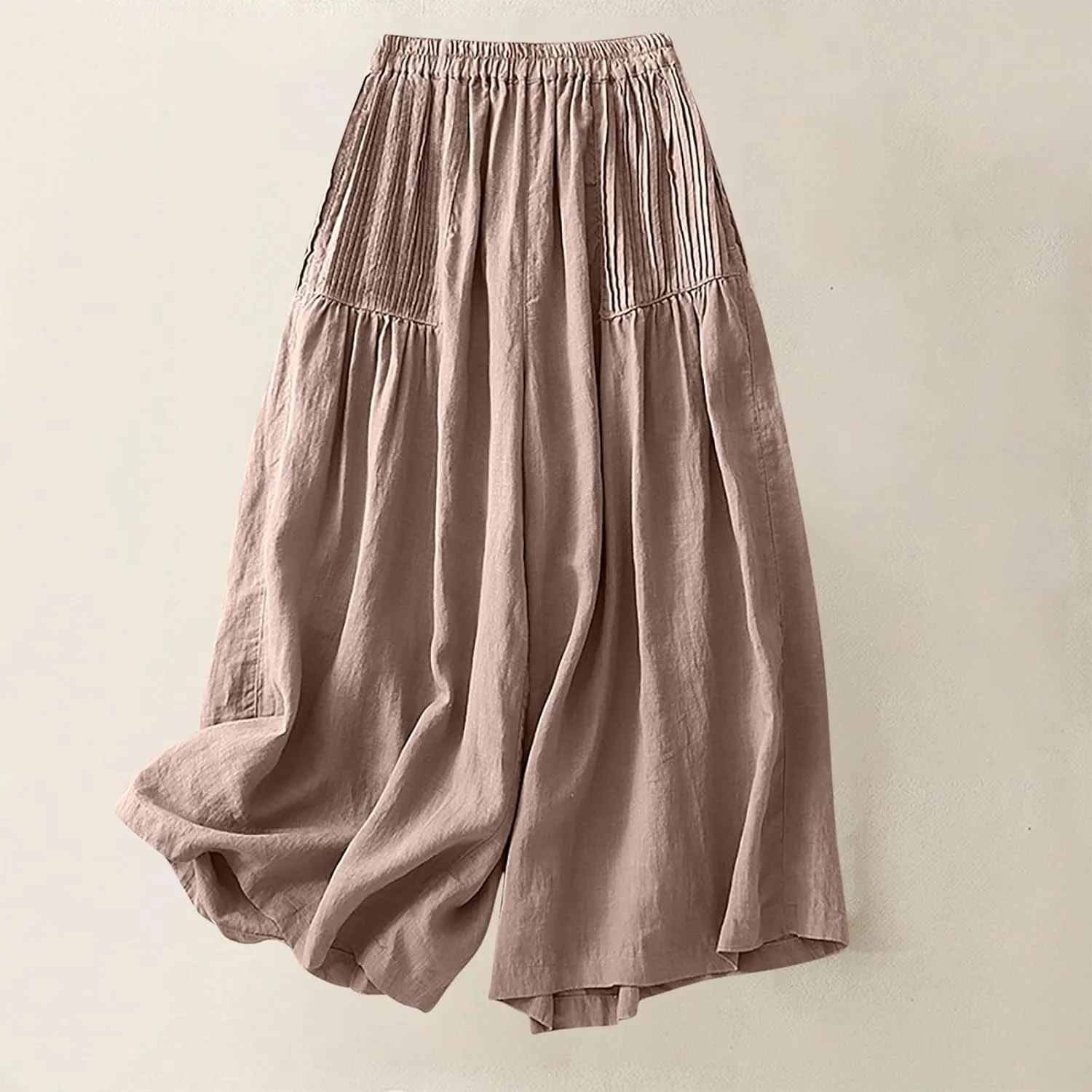 Wide Leg Pants Women Cotton Linen Elastic High Waist Pleated Palazzo Pants Loose Fit Flowy Summer Trousers Casual