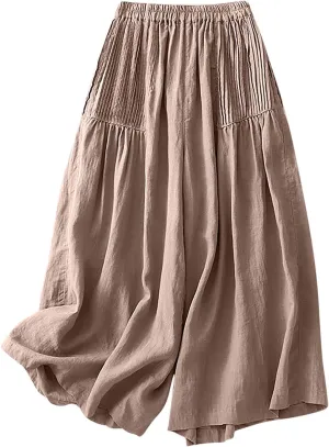 Wide Leg Pants Women Cotton Linen Elastic High Waist Pleated Palazzo Pants Loose Fit Flowy Summer Trousers Casual