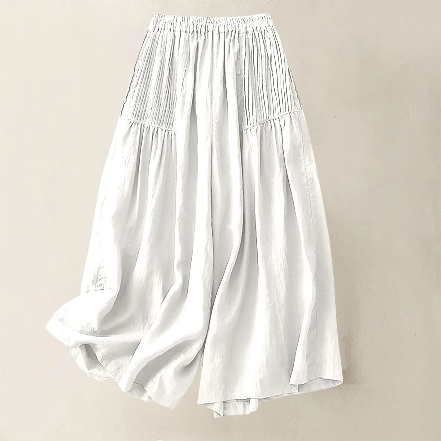 Wide Leg Pants Women Cotton Linen Elastic High Waist Pleated Palazzo Pants Loose Fit Flowy Summer Trousers Casual