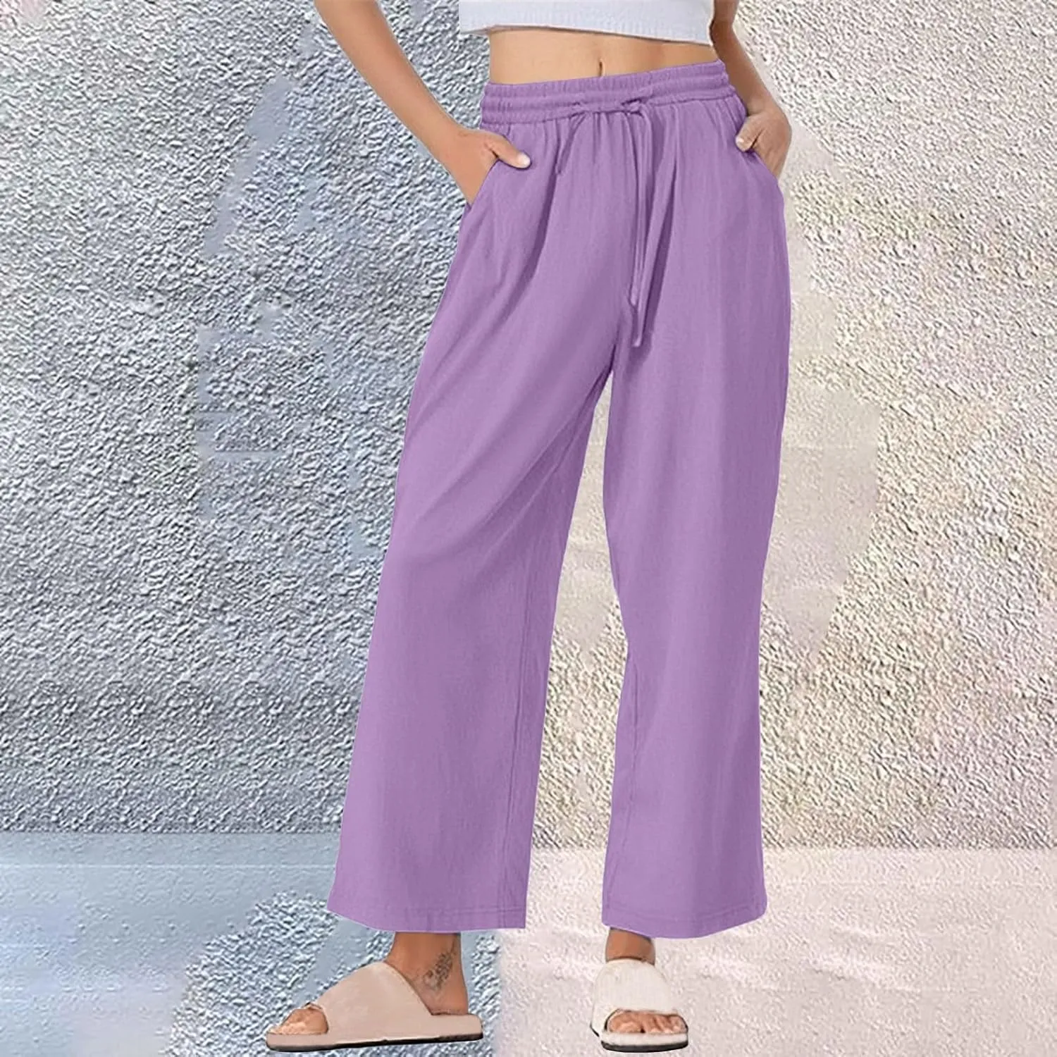 Wide Leg Pants Women Linen Casual Beach Summer Lounge Pants Travel Work Trousers with Pockets for Walking