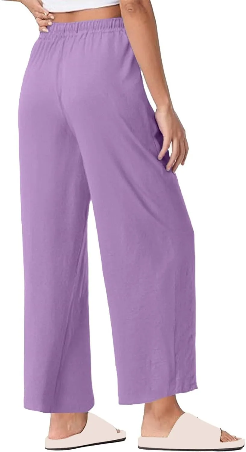 Wide Leg Pants Women Linen Casual Beach Summer Lounge Pants Travel Work Trousers with Pockets for Walking