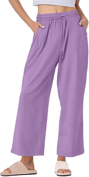 Wide Leg Pants Women Linen Casual Beach Summer Lounge Pants Travel Work Trousers with Pockets for Walking