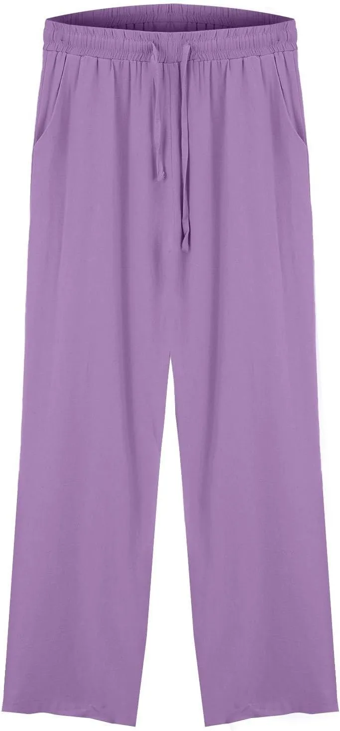 Wide Leg Pants Women Linen Casual Beach Summer Lounge Pants Travel Work Trousers with Pockets for Walking