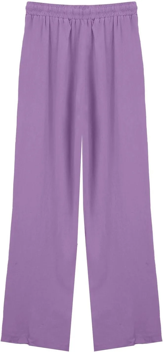 Wide Leg Pants Women Linen Casual Beach Summer Lounge Pants Travel Work Trousers with Pockets for Walking