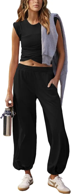 Women 2 Piece Outfit Set Loungewear Cropped Tops and Jogger Sweatpant Matching Set Coordinated Sweatsuit with Pockets