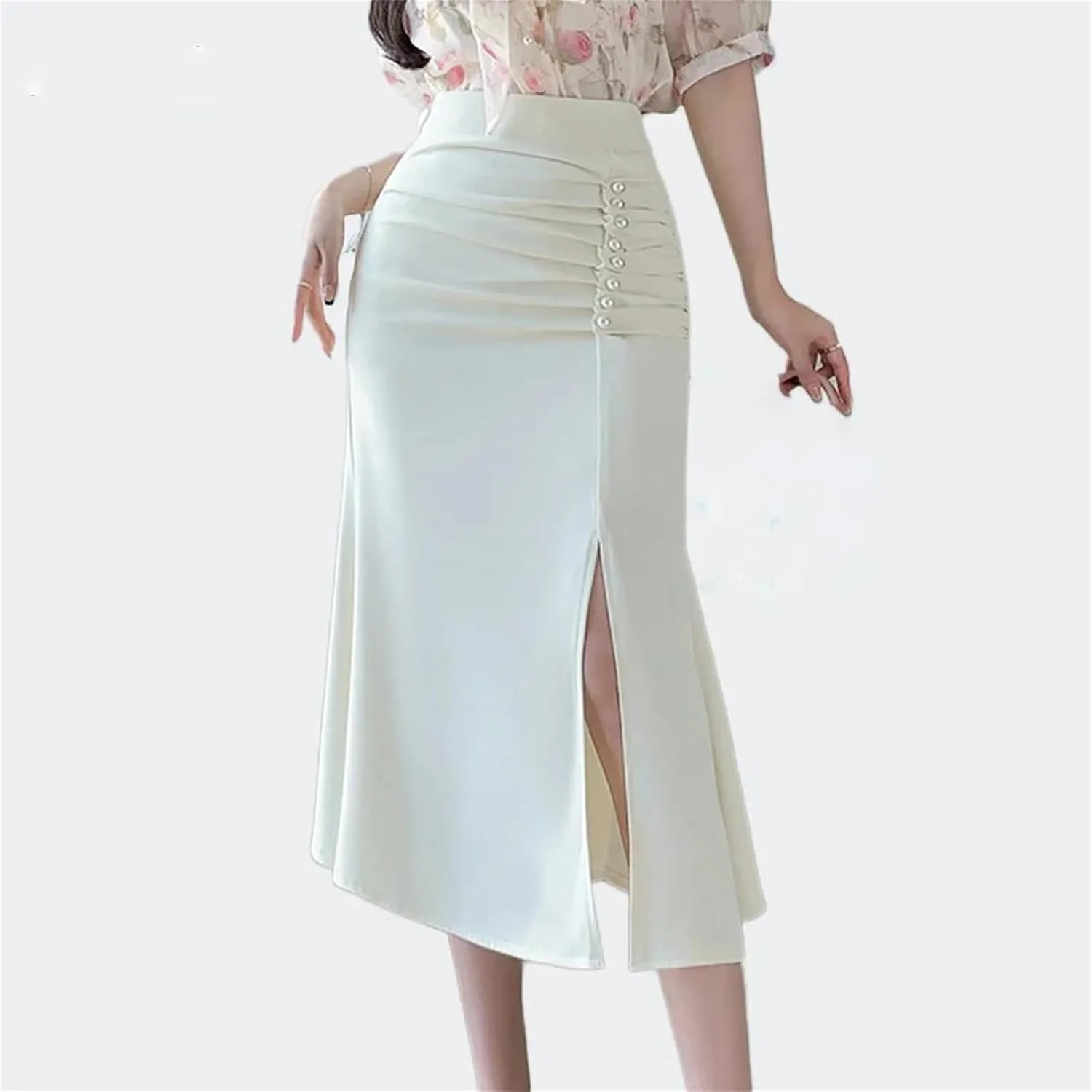 Women Beaded High Waist Midi Skirts Lady Wrap Hip Split Mermaid Skirts