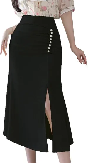 Women Beaded High Waist Midi Skirts Lady Wrap Hip Split Mermaid Skirts