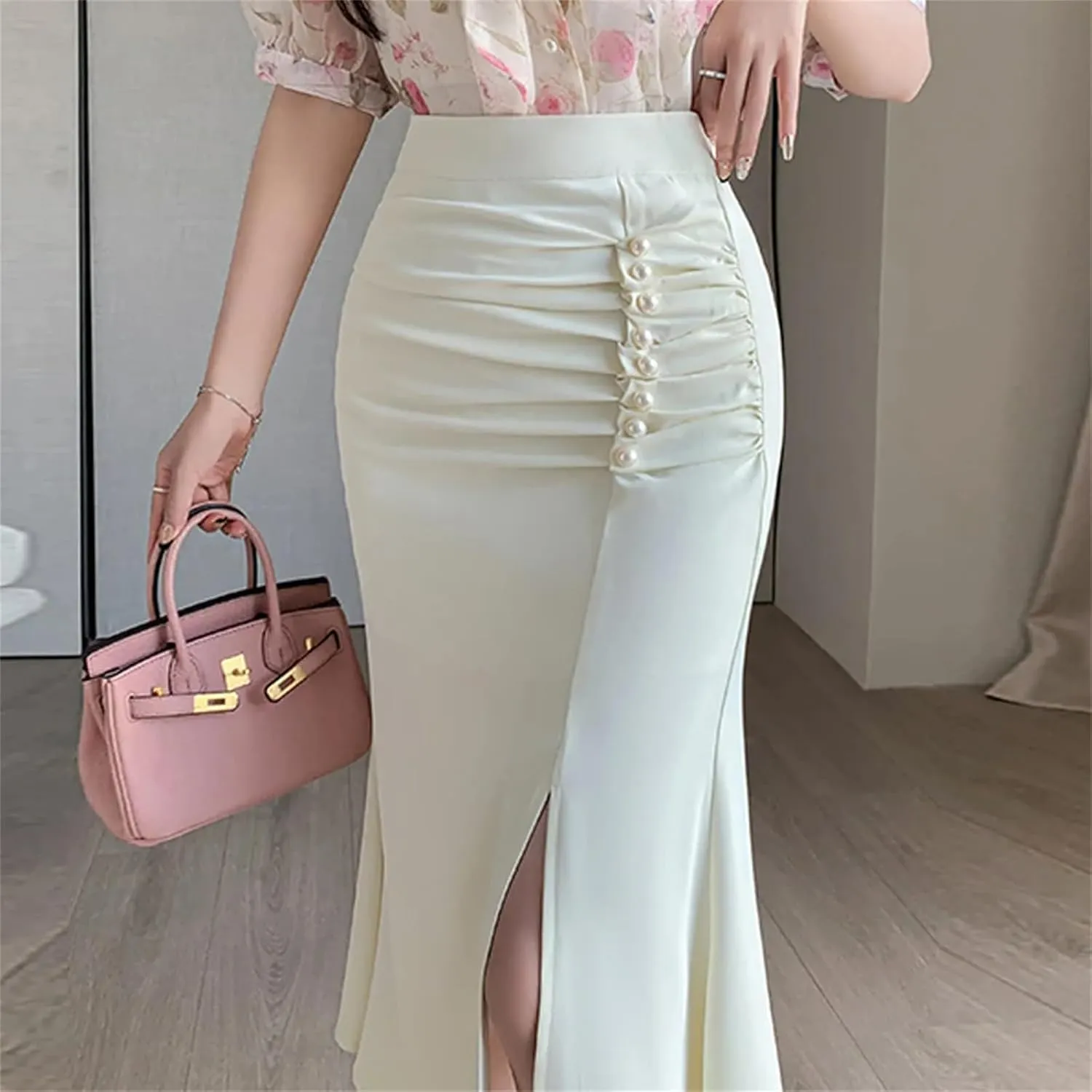Women Beaded High Waist Midi Skirts Lady Wrap Hip Split Mermaid Skirts