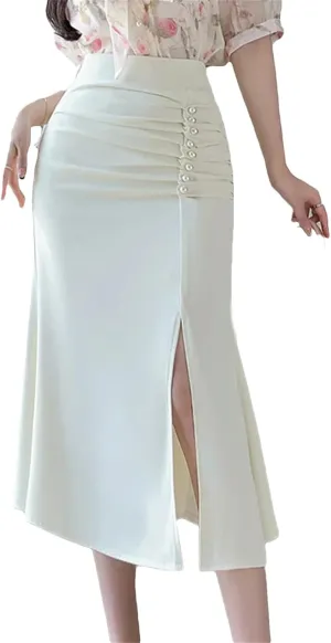 Women Beaded High Waist Midi Skirts Lady Wrap Hip Split Mermaid Skirts