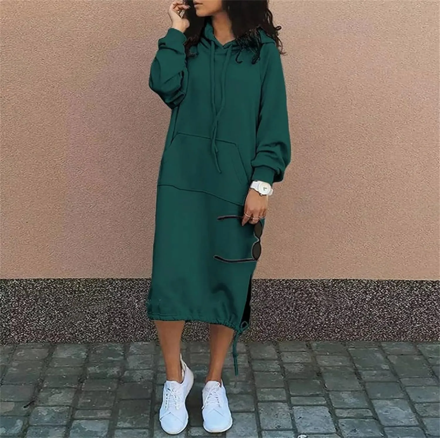 Women Casual Maxi Hoodies Split Hem Drawstring Hooded Long Sleeve Sweatshirt Fashion Long Dress with Pockets