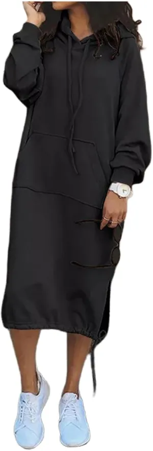 Women Casual Maxi Hoodies Split Hem Drawstring Hooded Long Sleeve Sweatshirt Fashion Long Dress with Pockets