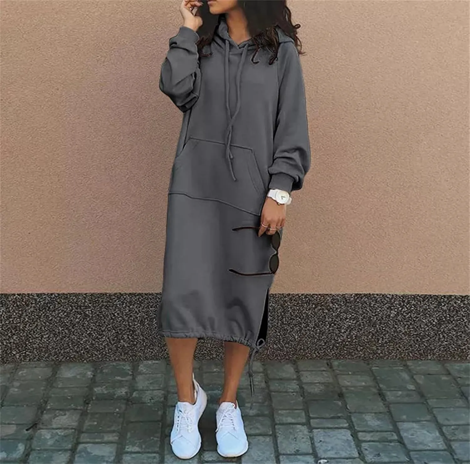 Women Casual Maxi Hoodies Split Hem Drawstring Hooded Long Sleeve Sweatshirt Fashion Long Dress with Pockets