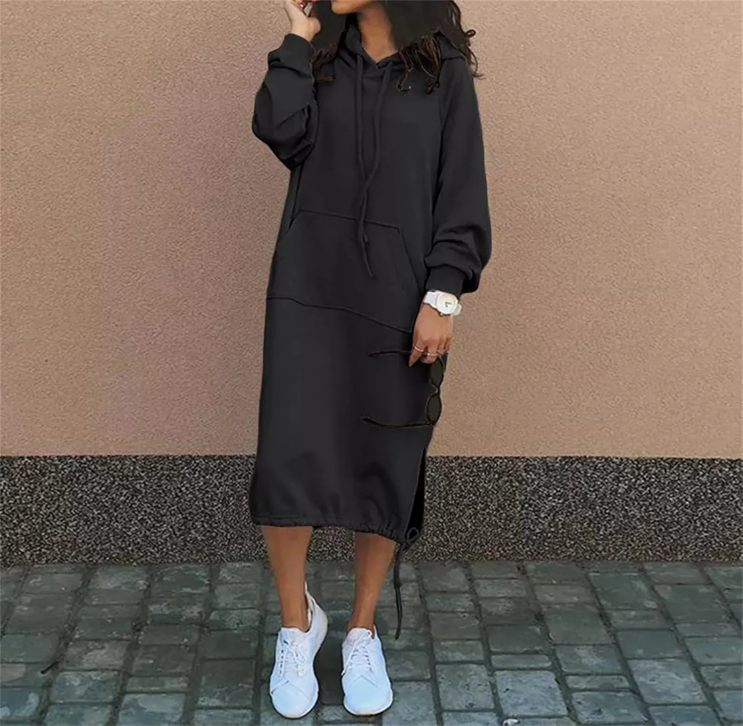 Women Casual Maxi Hoodies Split Hem Drawstring Hooded Long Sleeve Sweatshirt Fashion Long Dress with Pockets