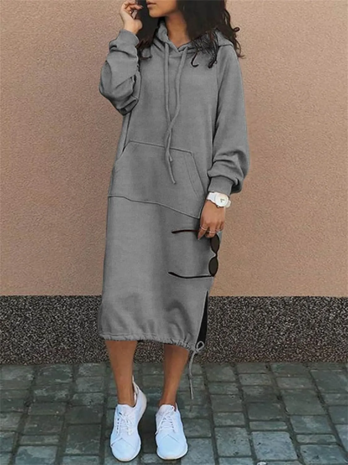 Women Casual Maxi Hoodies Split Hem Drawstring Hooded Long Sleeve Sweatshirt Fashion Long Dress with Pockets