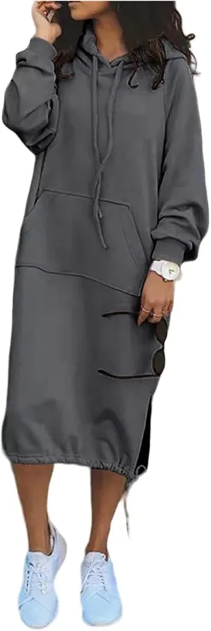Women Casual Maxi Hoodies Split Hem Drawstring Hooded Long Sleeve Sweatshirt Fashion Long Dress with Pockets