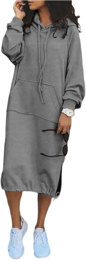 Women Casual Maxi Hoodies Split Hem Drawstring Hooded Long Sleeve Sweatshirt Fashion Long Dress with Pockets