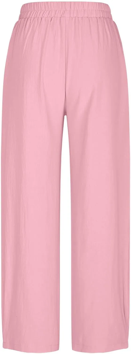 Women Cotton Linen Pants Patch Pocket Tapered Leg Elastic Waist Long Pant Casual Beach Trousers Solid Color Work Pant