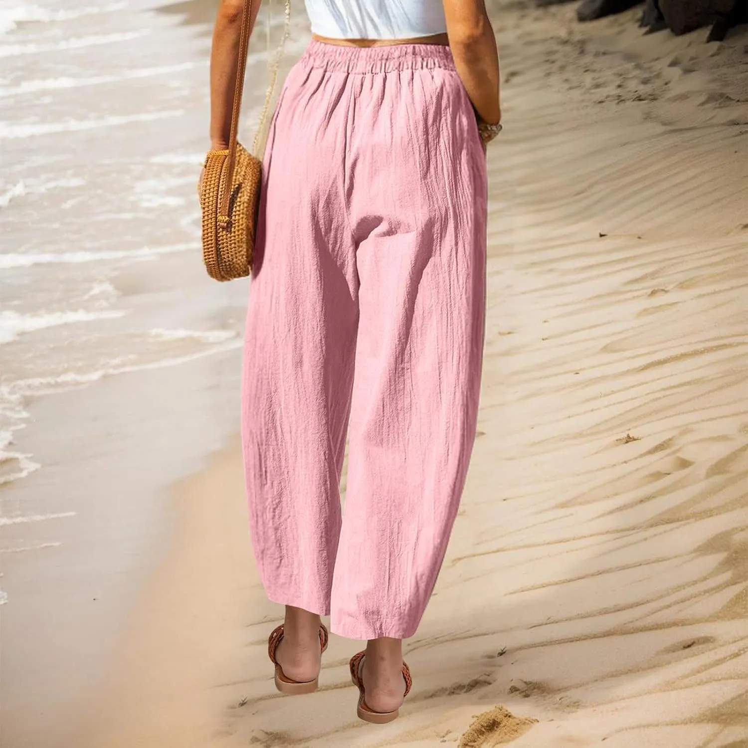 Women Cotton Linen Pants Patch Pocket Tapered Leg Elastic Waist Long Pant Casual Beach Trousers Solid Color Work Pant
