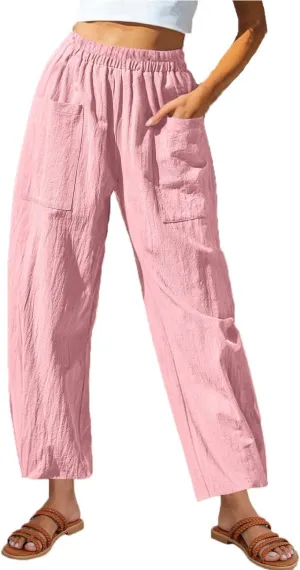 Women Cotton Linen Pants Patch Pocket Tapered Leg Elastic Waist Long Pant Casual Beach Trousers Solid Color Work Pant