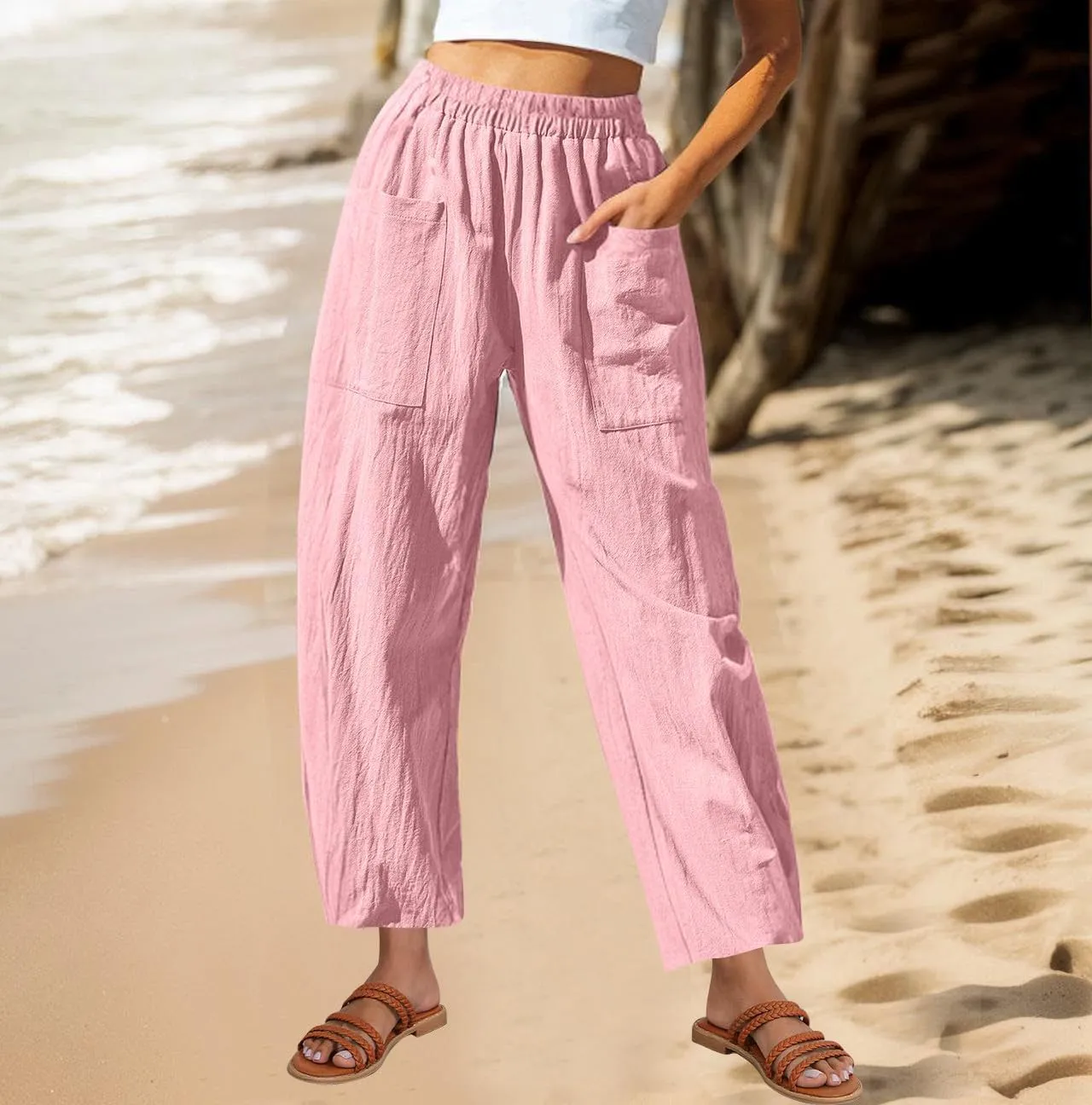 Women Cotton Linen Pants Patch Pocket Tapered Leg Elastic Waist Long Pant Casual Beach Trousers Solid Color Work Pant